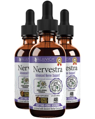 Rejuvica Health Nervestra bottle closeup showing fast-absorbing nerve support.