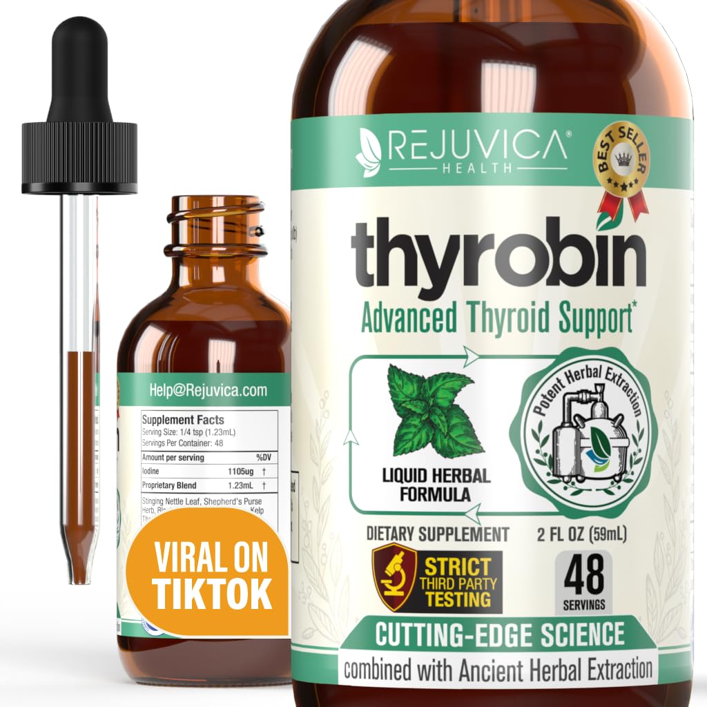 Rejuvica Thyrobin bottle with dropper for easy thyroid support on the go.