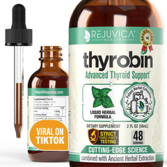 Rejuvica Thyrobin bottle with dropper for easy thyroid support on the go.