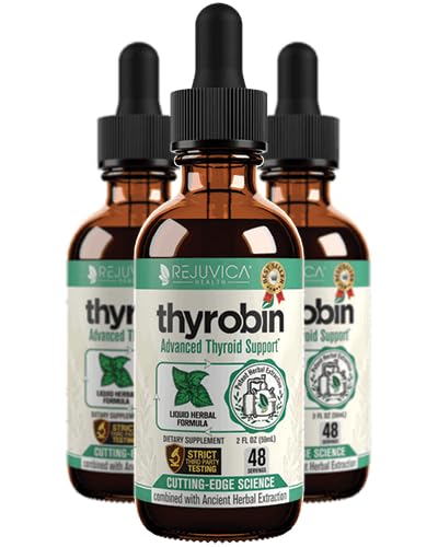 Rejuvica Health Thyrobin liquid bottle enables easy dropper dosing for thyroid support.