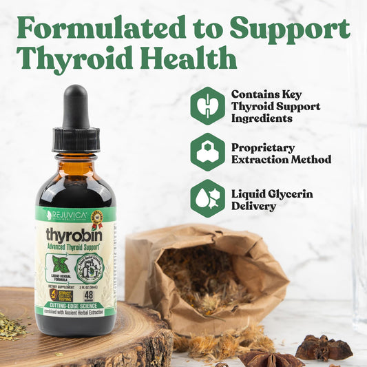 Thyrobin liquid formula close-up, alcohol-free delivery for purity.