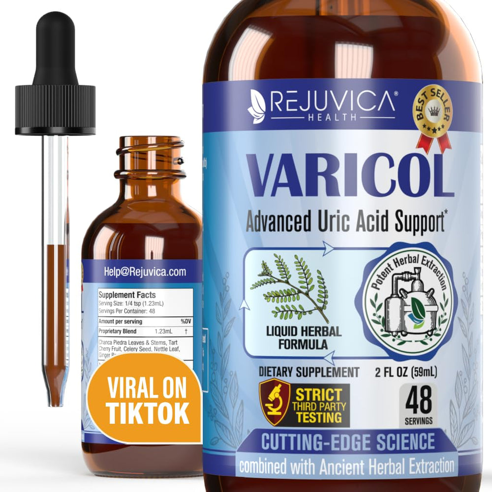 Rejuvica Health Varicol bottle pour demonstrates convenient, alcohol-free uric acid support.