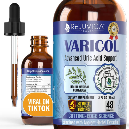 Rejuvica Health Varicol bottle pour demonstrates convenient, alcohol-free uric acid support.