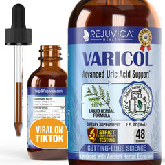Rejuvica Health Varicol bottle pour demonstrates convenient, alcohol-free uric acid support.