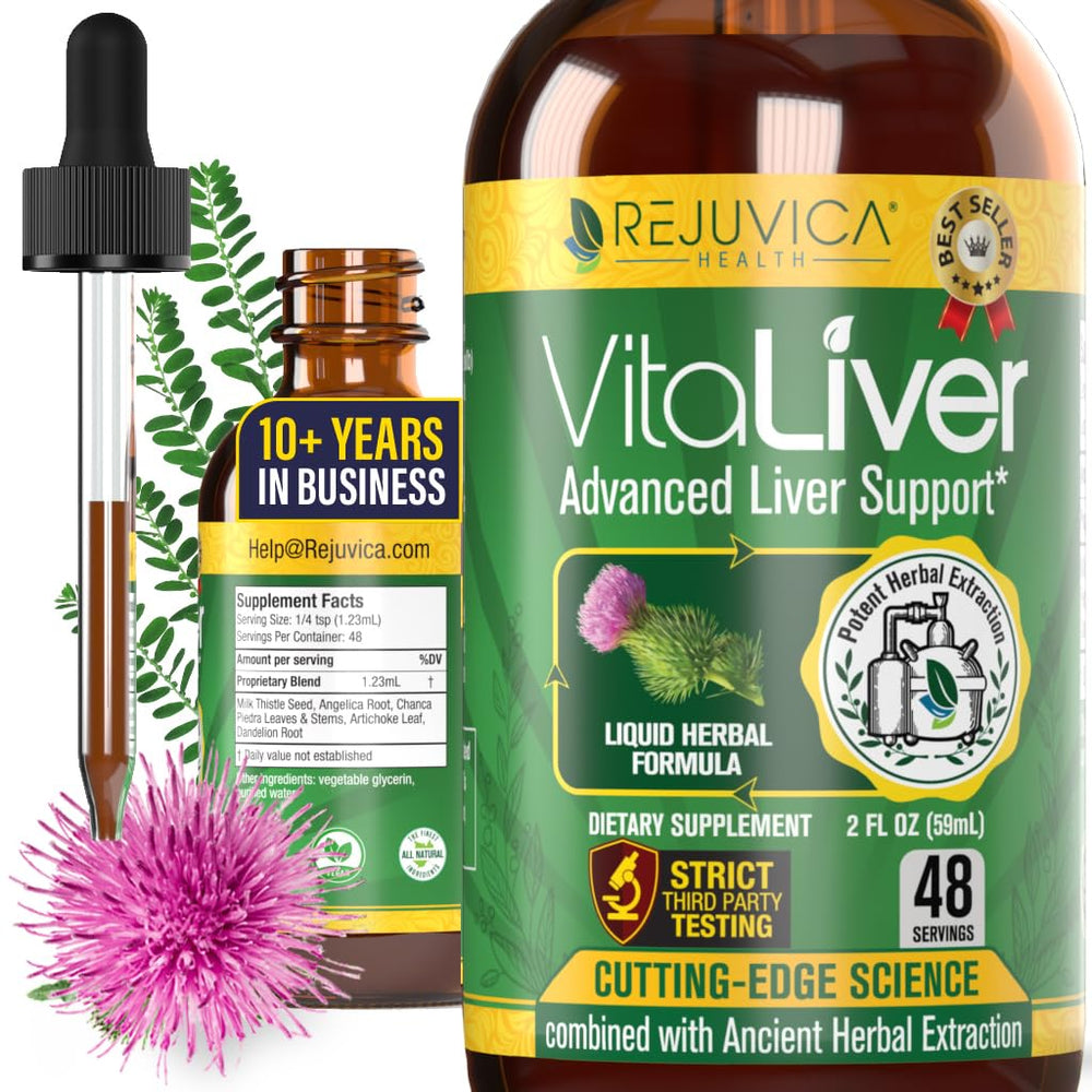 Rejuvica VitaLiver liquid bottle for convenient daily liver support.