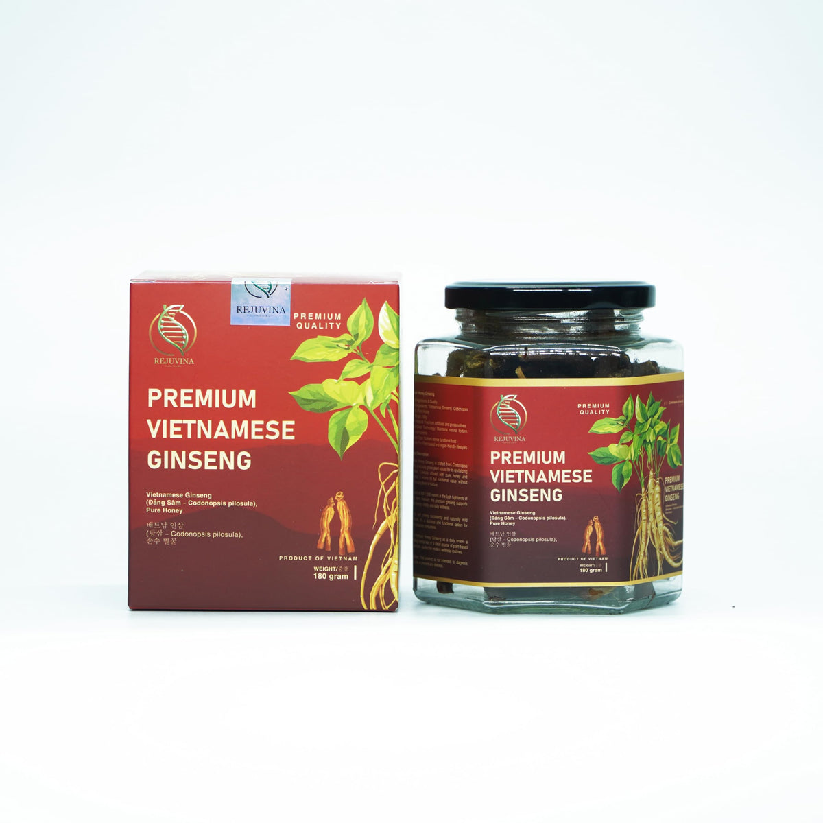 Rejuvina Premium Vietnamese Ginseng Slices honey jar closeup for convenient energy ritual.