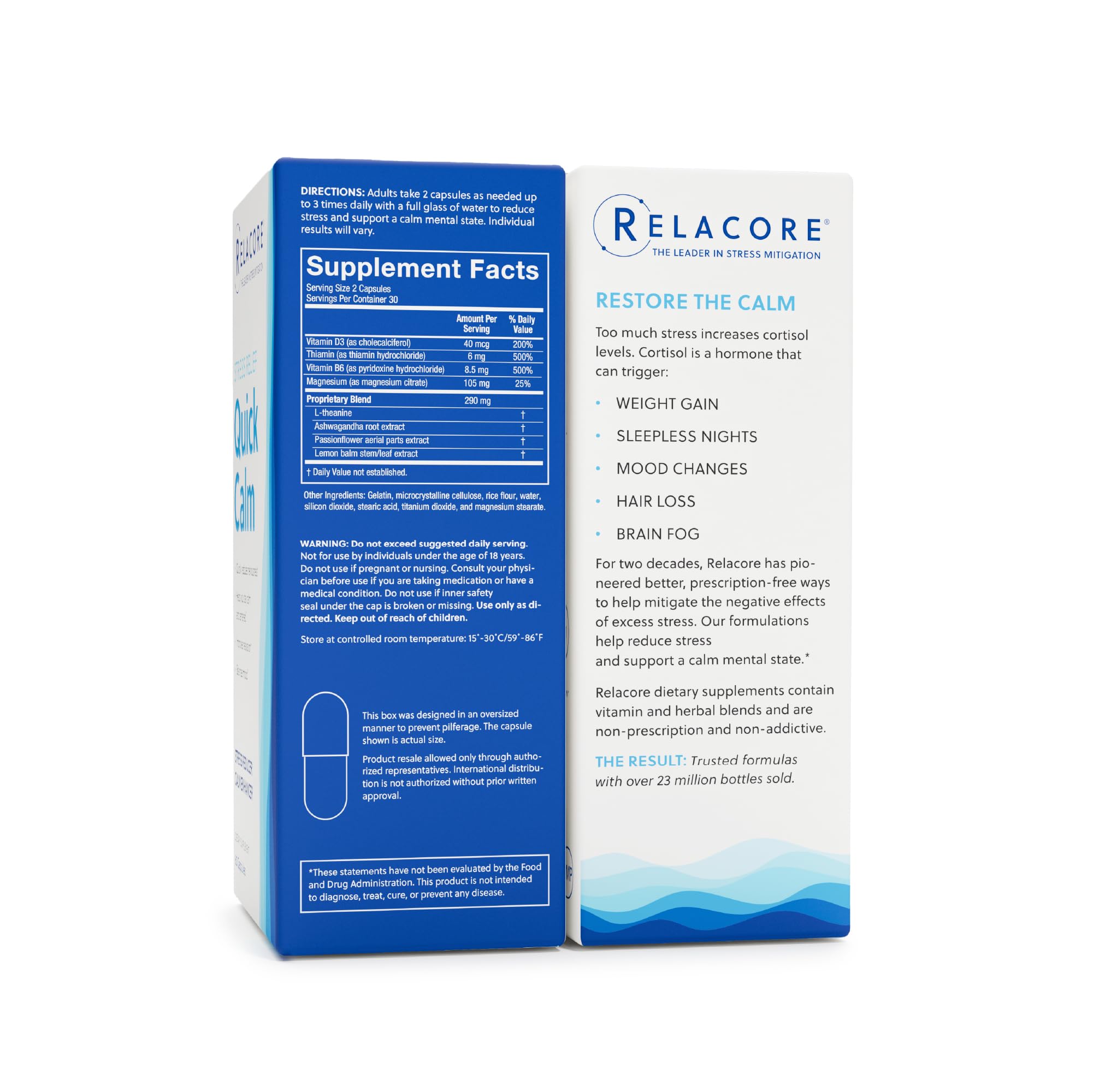 Relacore Quick Calm bottle with glass, accessible calm during busy moments.