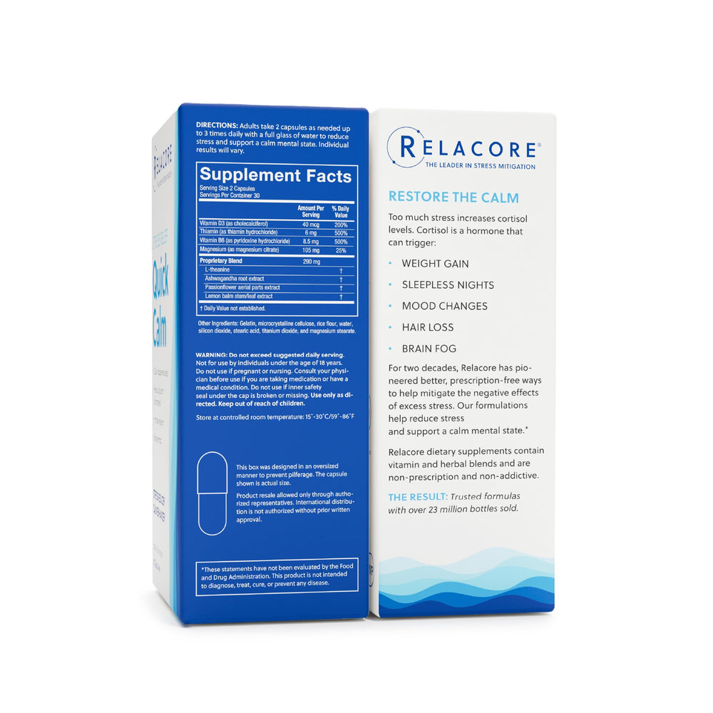 Relacore Quick Calm bottle with glass, accessible calm during busy moments.