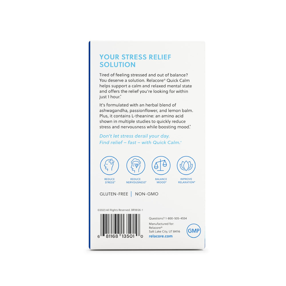 Relacore Quick Calm packaging box, premium mood support on retail shelves.