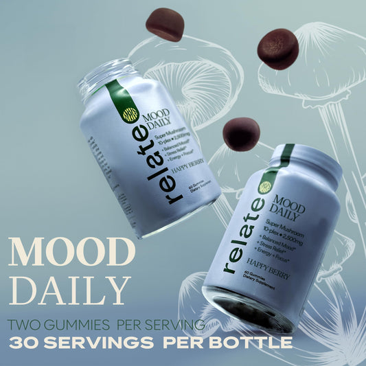 Relate Mood Daily Happy Berry Gummies jar closeup highlighting glossy gummies and vibrant color for focus.