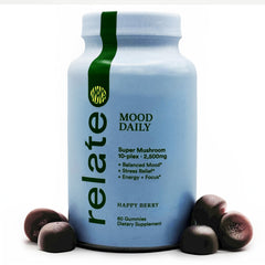 Relate Mood Daily Happy Berry Gummies pack shot for daily mood support.