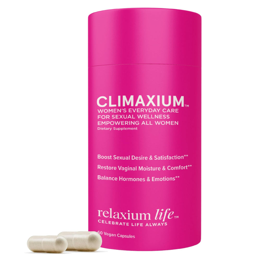 Relaxium Life bottle label highlighting extra strength wellness for daily balance.