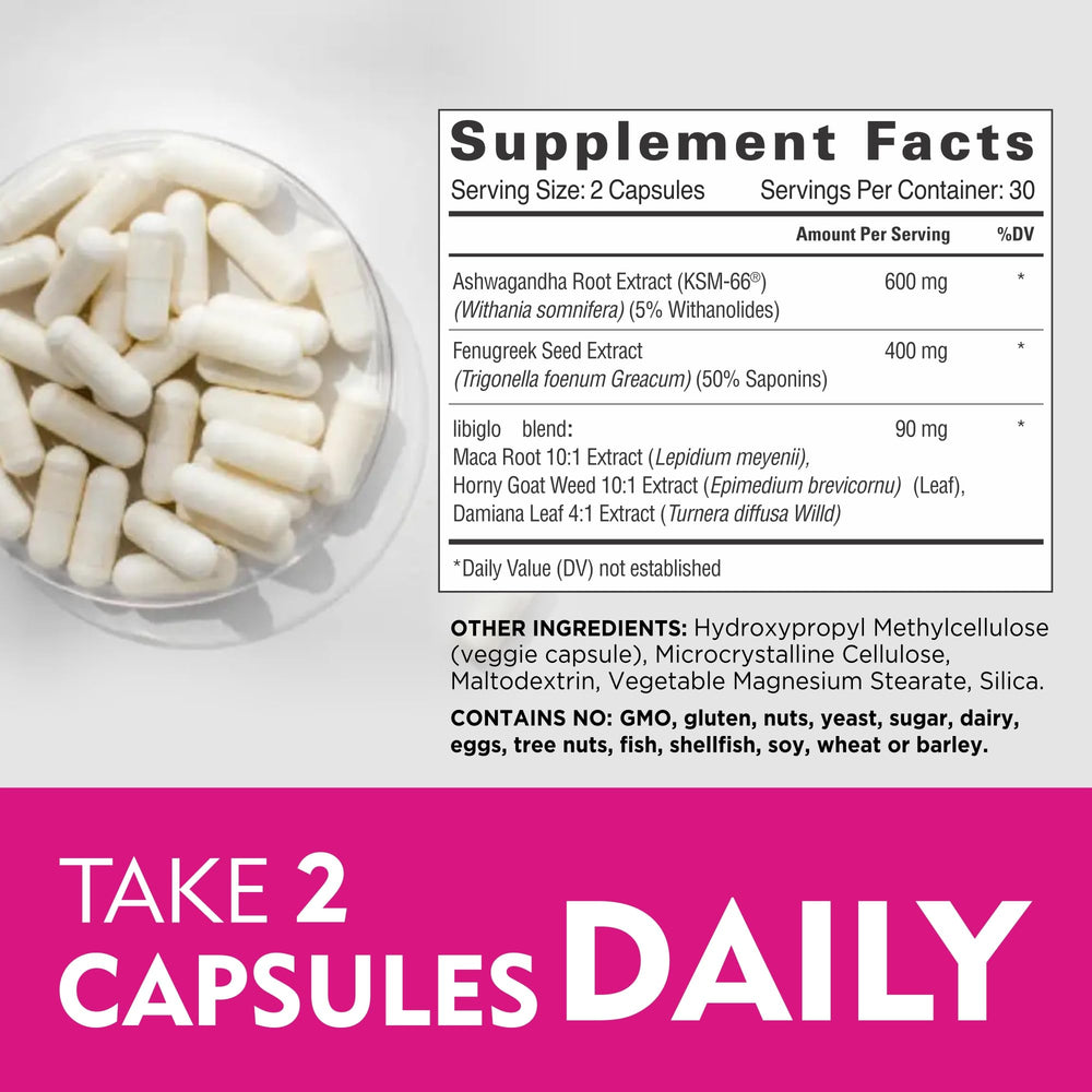 Relaxium Life herbal blend with maca root capsules illustrating vitality and balance.