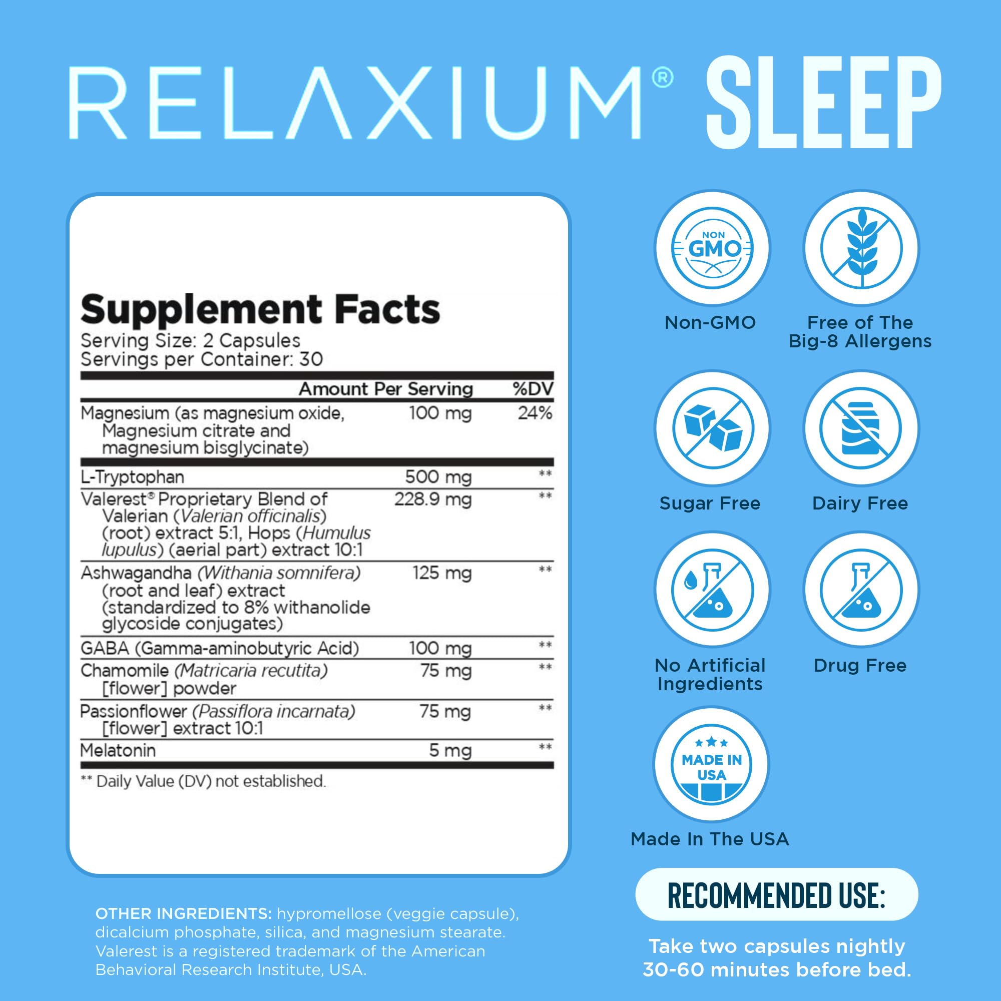 Relaxium Sleep Aid capsules close-up highlighting easy-to-swallow form