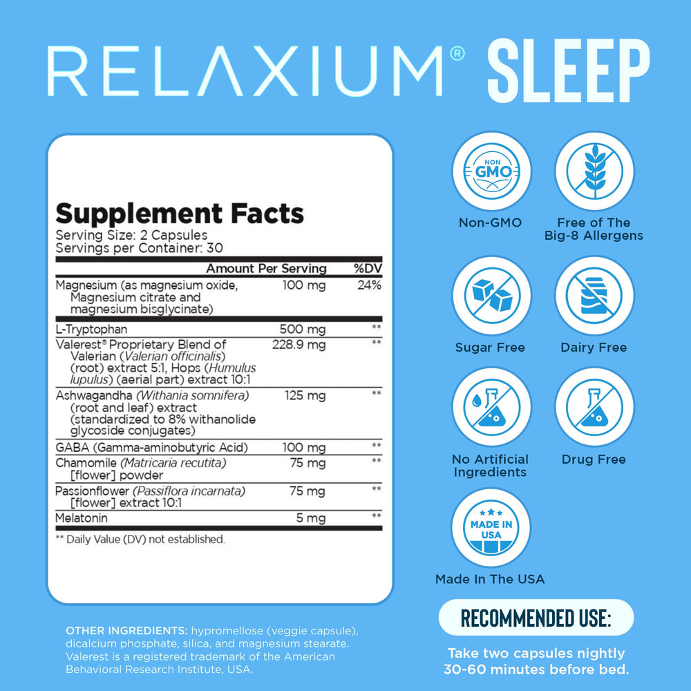 Relaxium Sleep Aid capsules close-up highlighting easy-to-swallow form