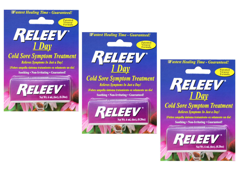 Releev 1 Day Lip Treatment bottle with triple-pack for discreet on-the-go calming relief.