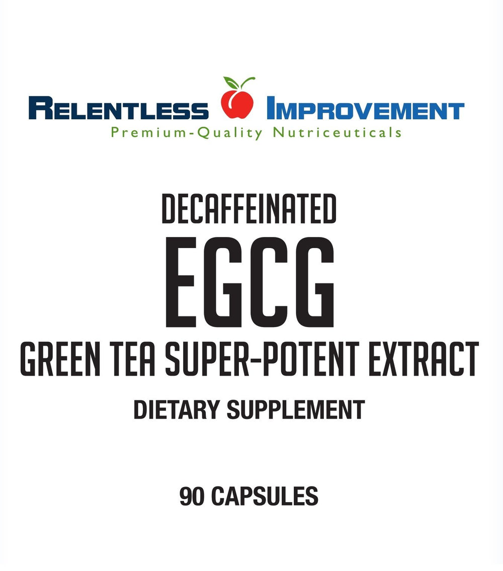 Closeup of Relentless Improvement EGCG capsules, ideal for quick daily supplementation