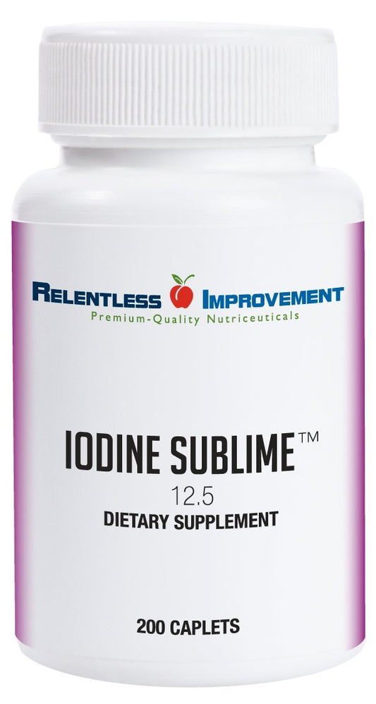 Relentless Improvement Iodine Sublime caplets on bottle front suggesting thyroid support.