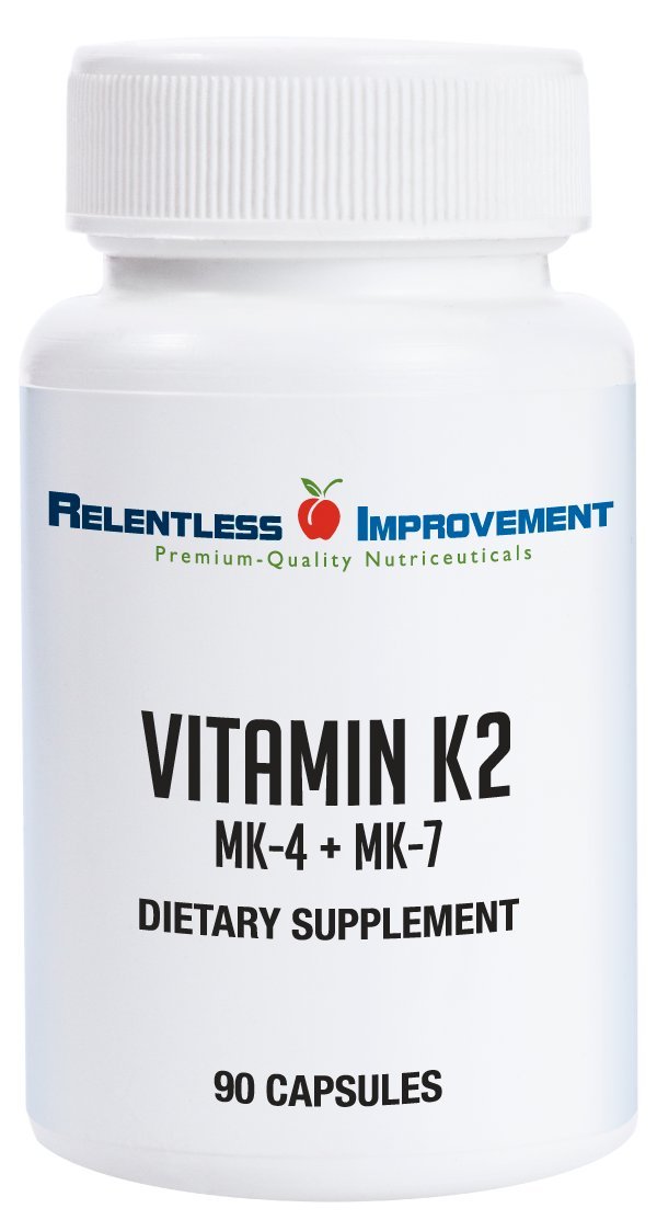 Relentless Improvement K2 MK4 MK7 bottle with high-potency capsules for potential bone support