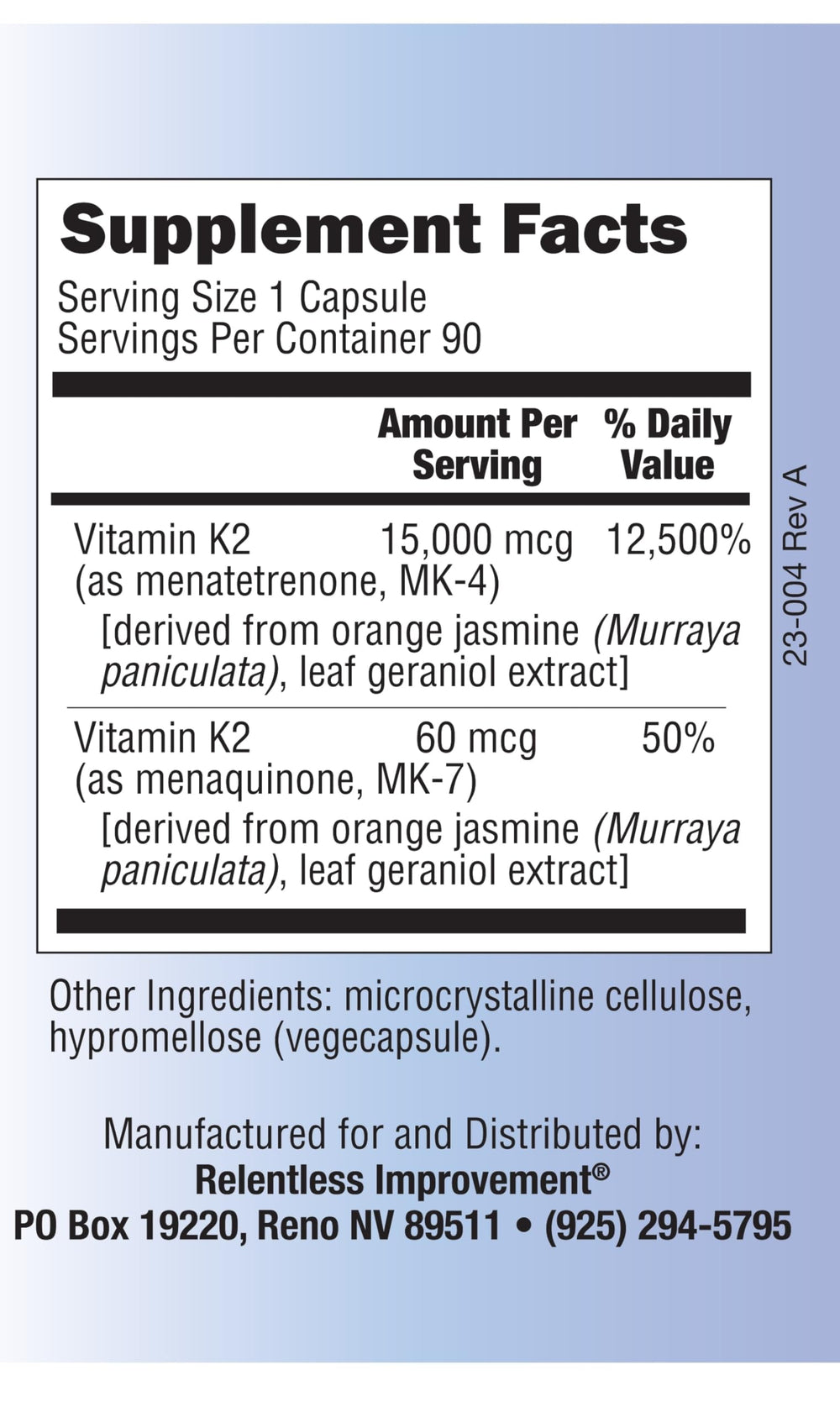 Relentless Improvement bottle label close-up highlighting pharmaceutical-grade purity