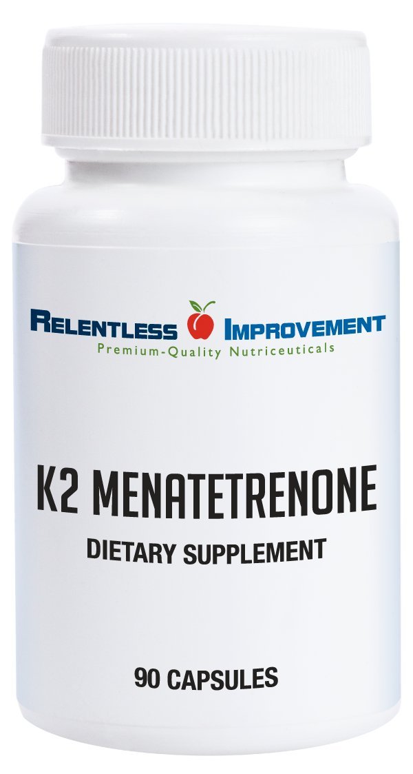 Relentless Improvement Vitamin K2 MK4 bottle closeup highlighting vegan capsules for bone support.