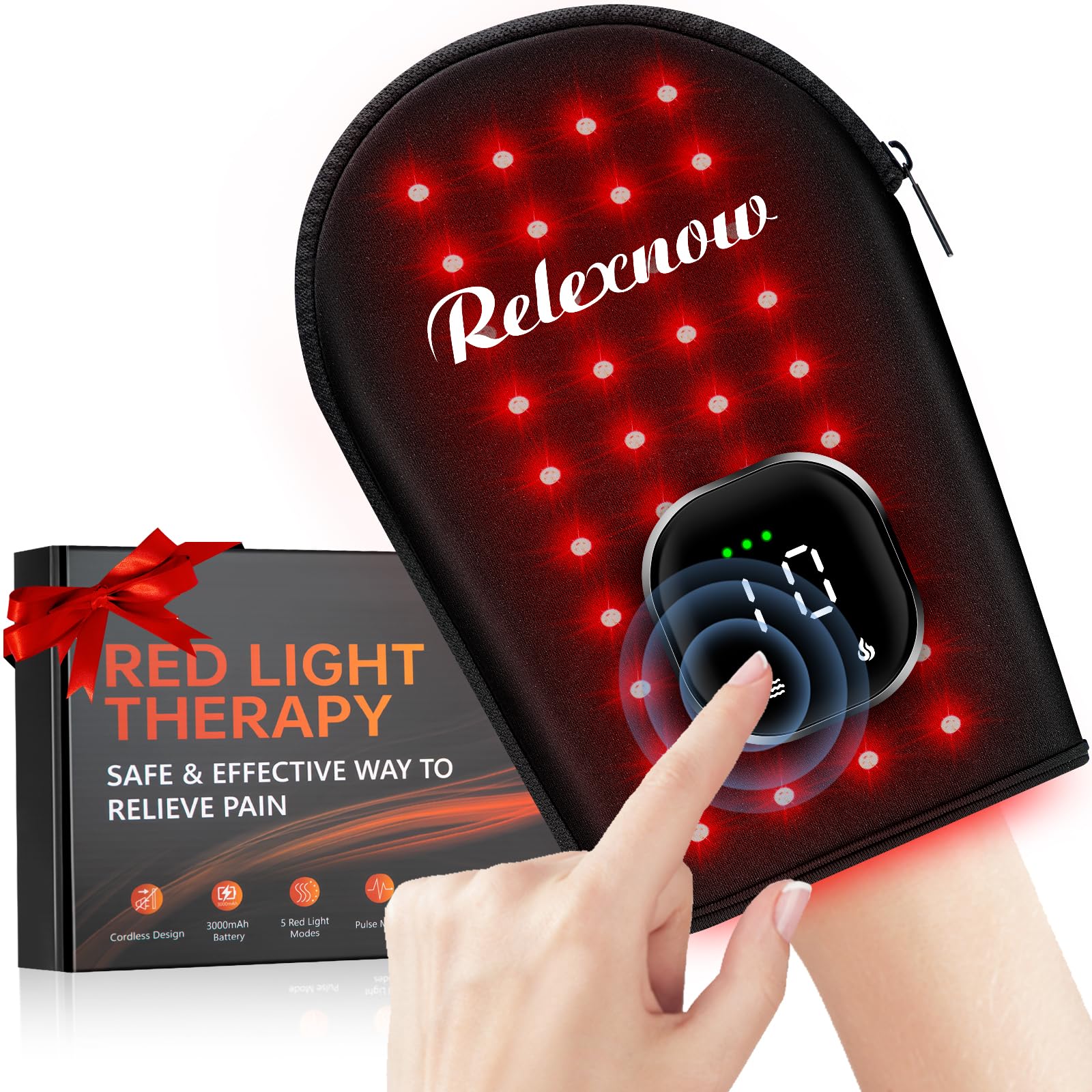 RELEXNOW cordless red light glove front view for targeted hand therapy and relaxation.