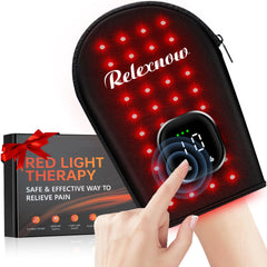 RELEXNOW cordless red light glove front view for targeted hand therapy and relaxation.