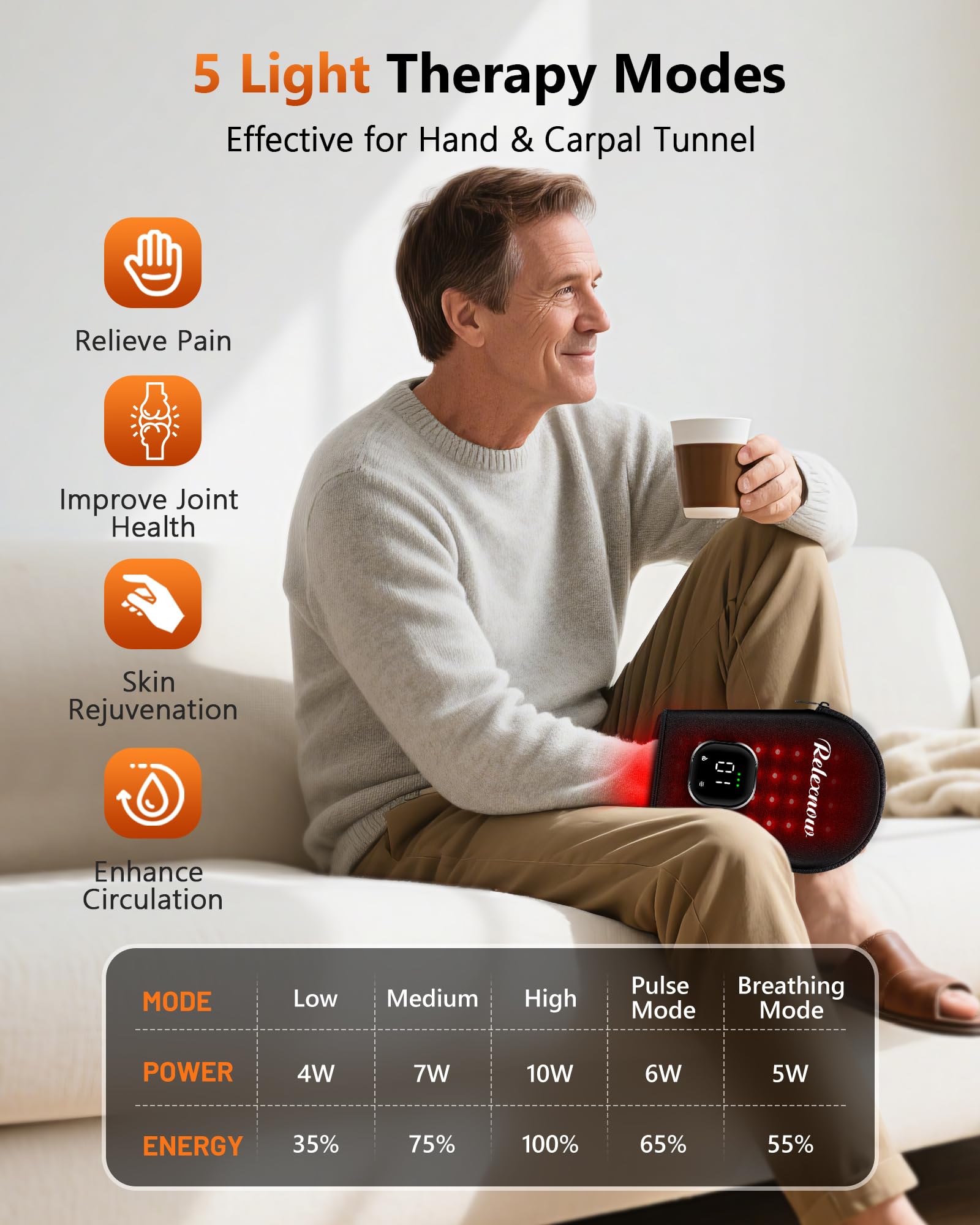 RELEXNOW cordless red light glove side view with dual wavelengths for hand coverage.