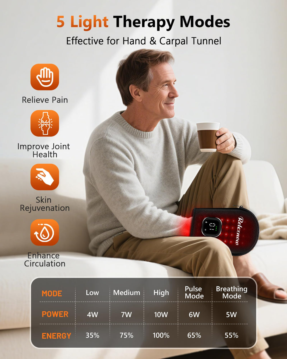 RELEXNOW cordless red light glove side view with dual wavelengths for hand coverage.