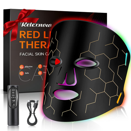 RELEXNOW face mask displaying four wavelengths for multi‑color light therapy and potential skin balance
