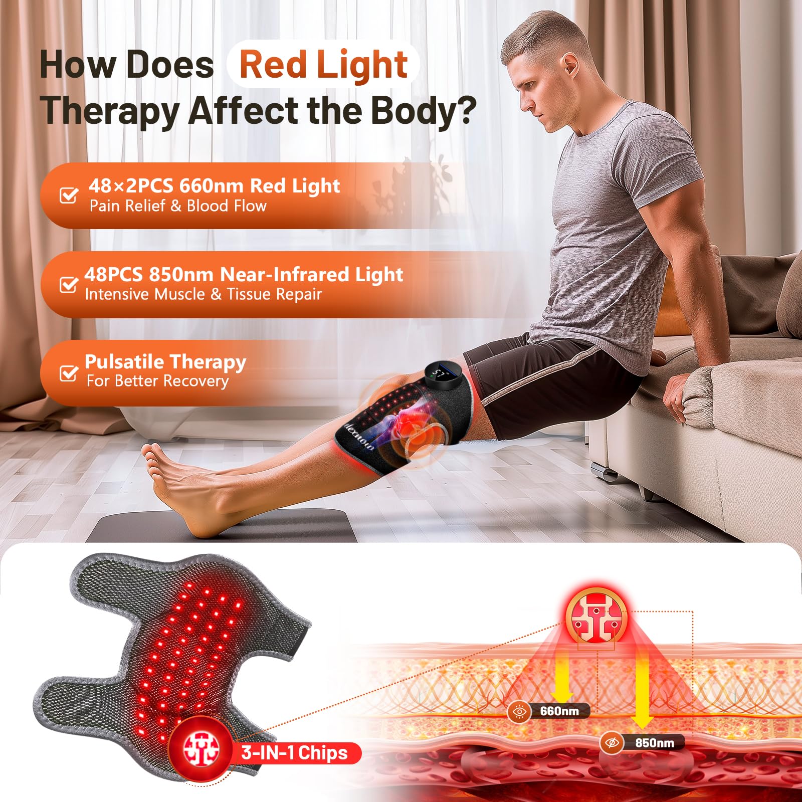 RELEXNOW knee brace three level vibration therapy for targeted relief.