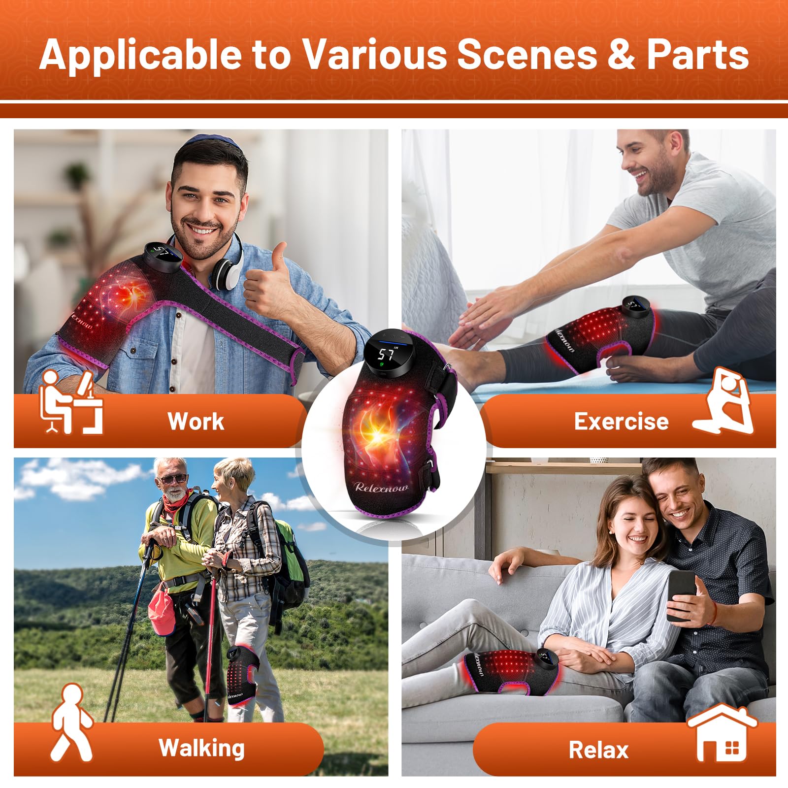 RELEXNOW knee brace with heat, light, and massage for recovery support.