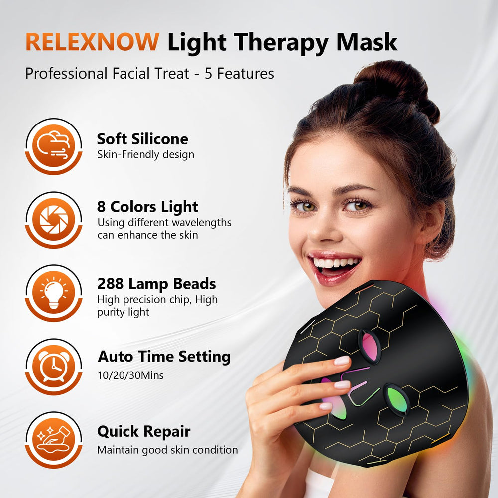 RELEXNOW LED face mask in use during a home skincare session.