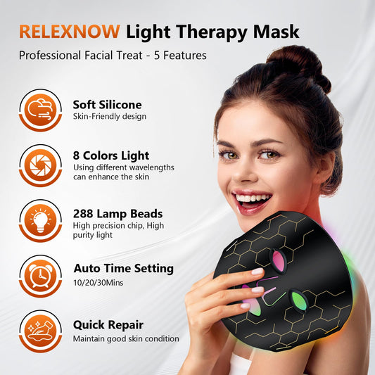 RELEXNOW LED face mask in use during a home skincare session.