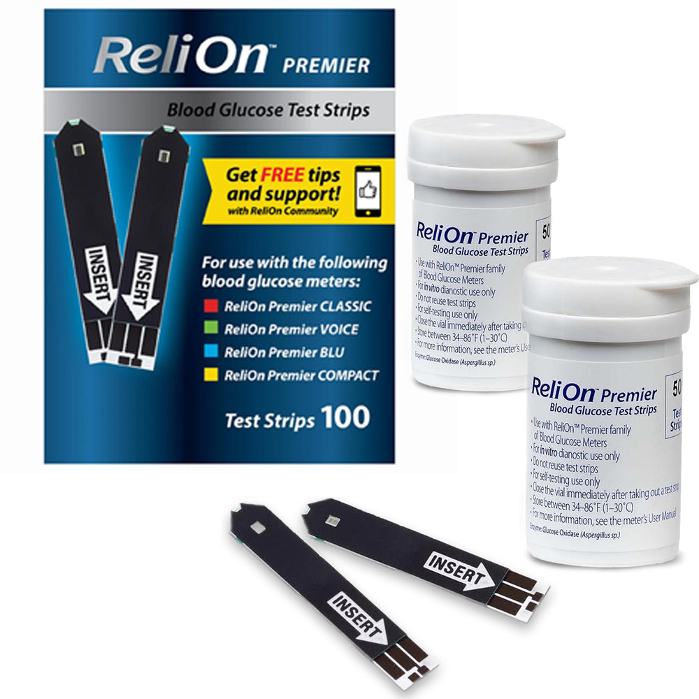ReliOn Premier blood glucose test strips for precise readings with 100-count box.
