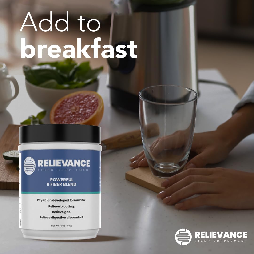 Relievance packaging side panel showing servings and container info.
