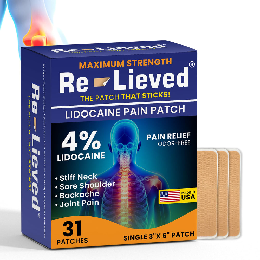 Relieved 4% Lidocaine Patch packaging highlights aluminum-free, USA-made relief.