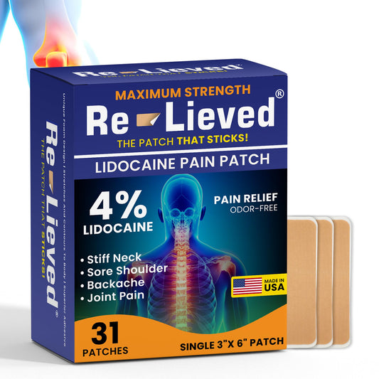 Relieved 4% Lidocaine Patch packaging highlights aluminum-free, USA-made relief.