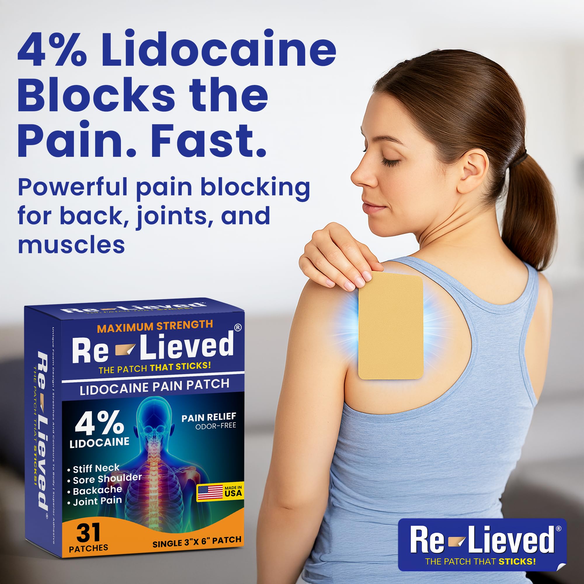 Relieved 4% Lidocaine Patch demonstrates water-resistant wear for activity.