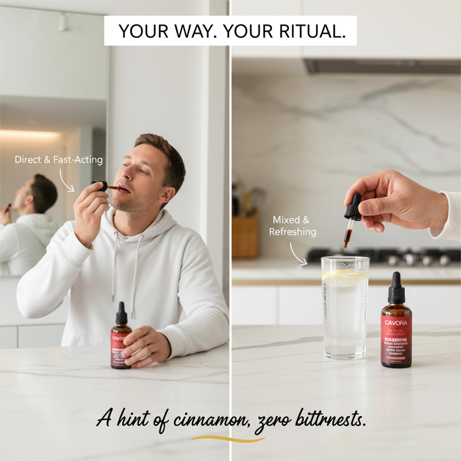 Relify Cavora glass shows quick hydration with cinnamon-berberine drops