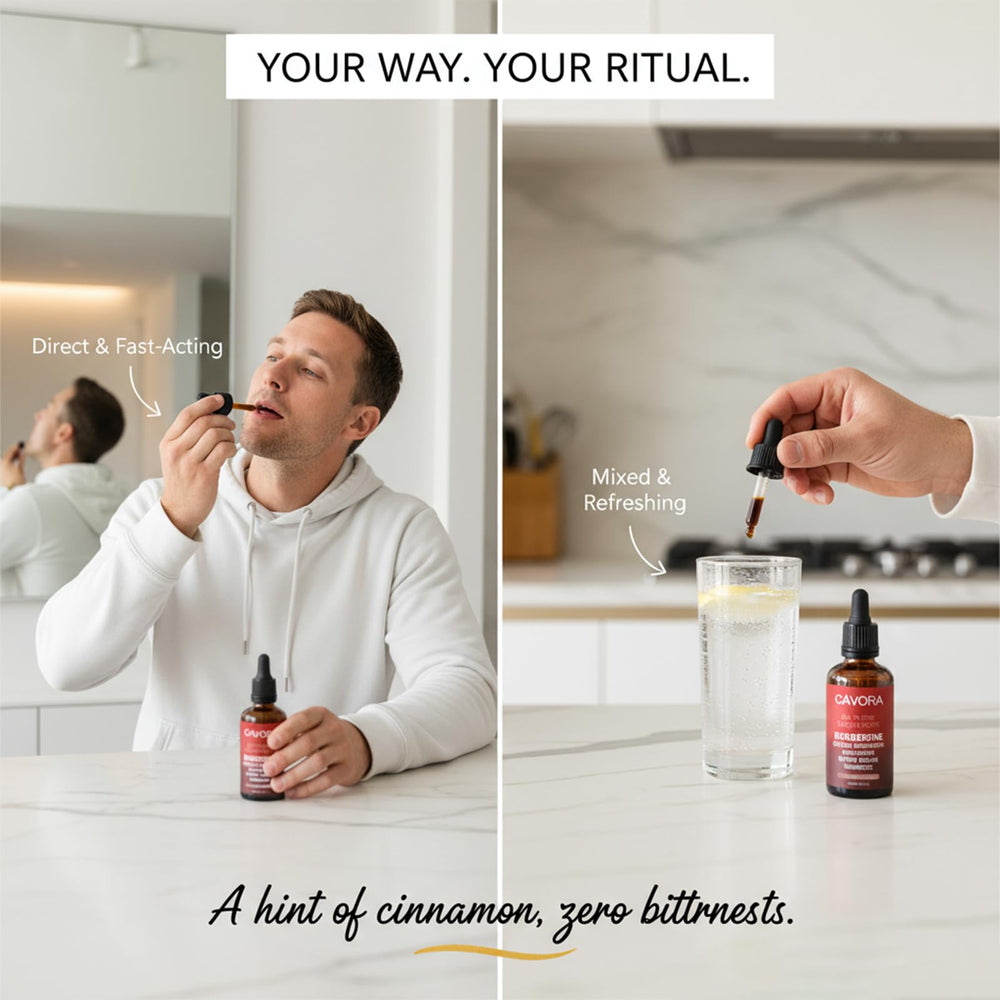 Relify Cavora glass shows quick hydration with cinnamon-berberine drops