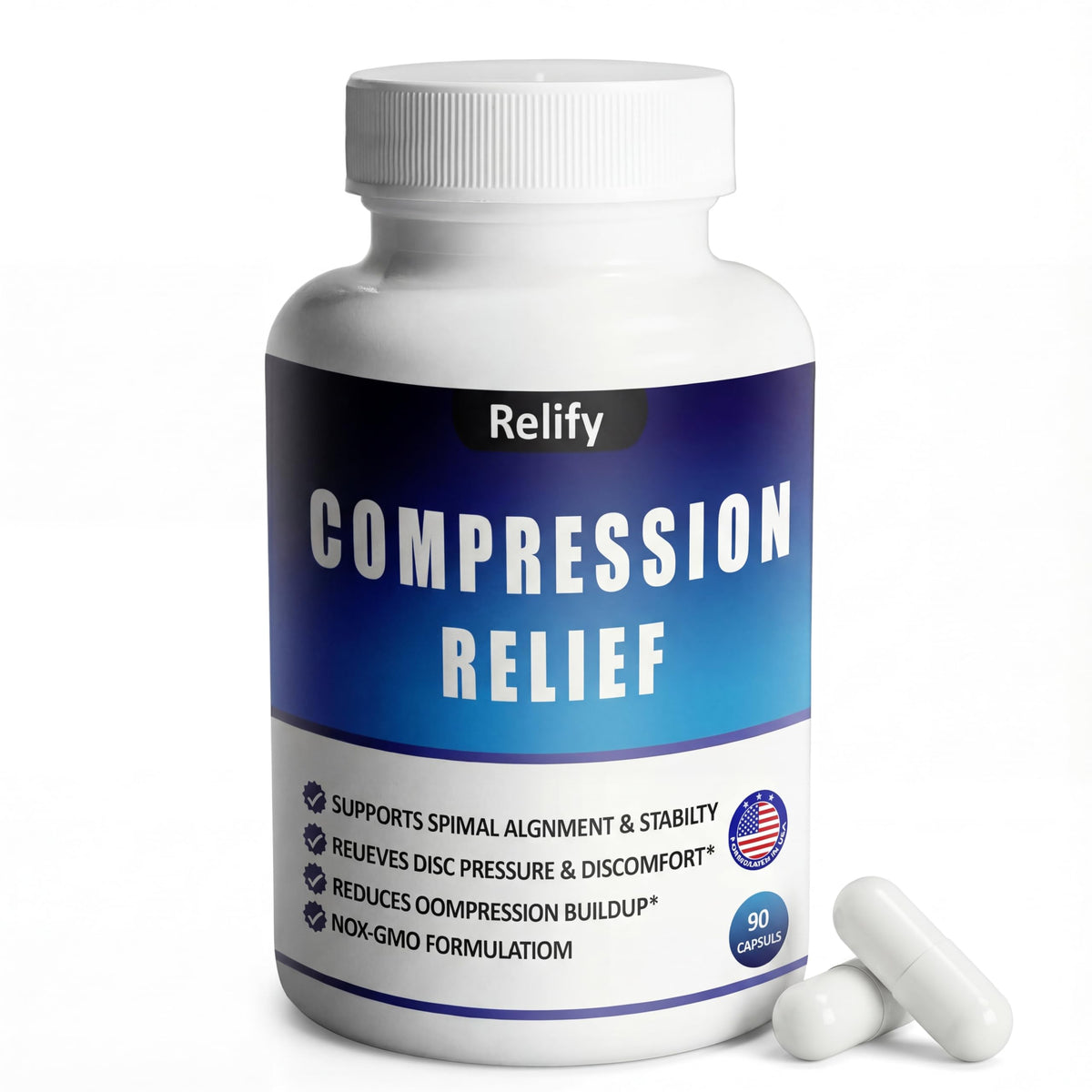 Relify Compression Relief Magnesium Complex bottle pour showing easy daily dosing for spinal support