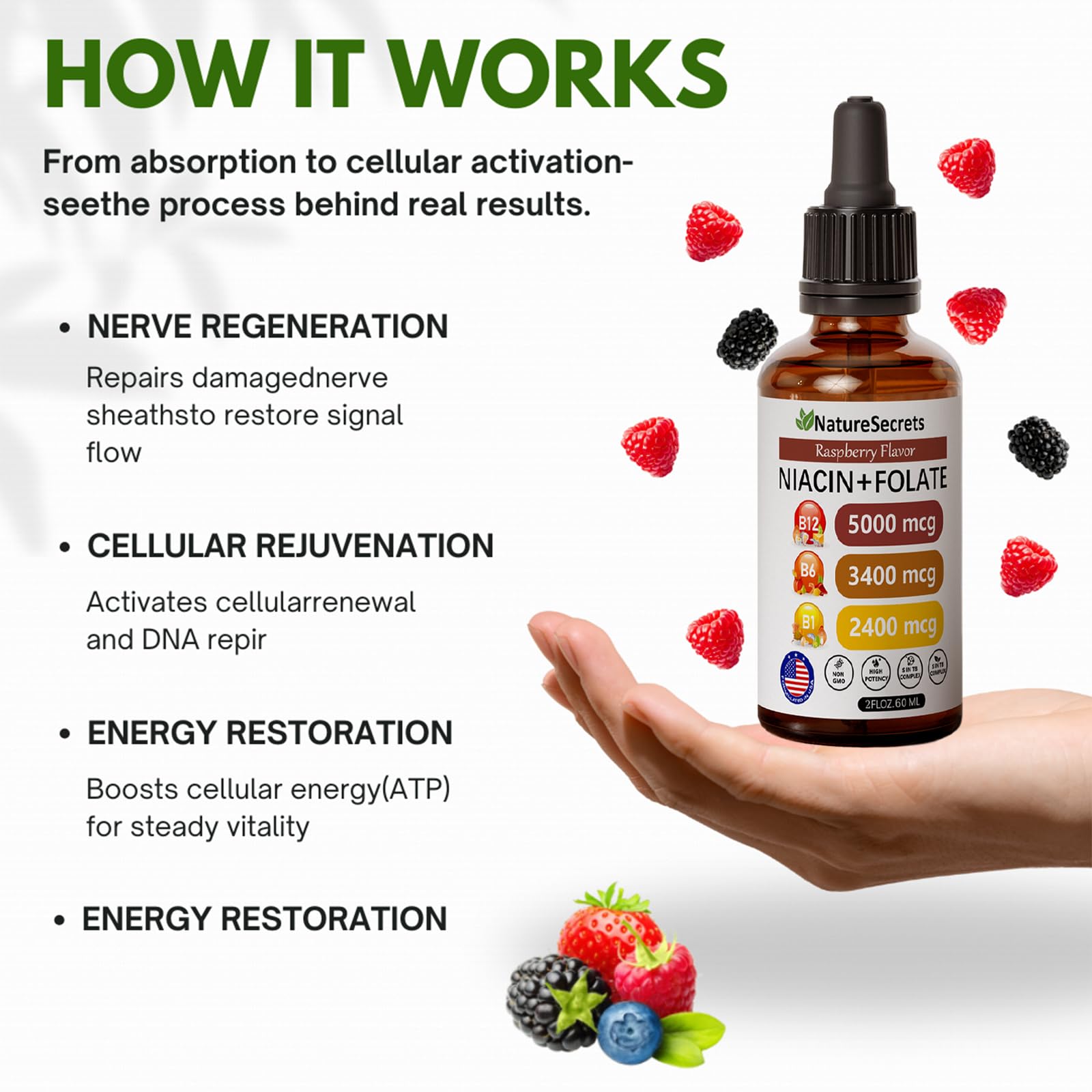Relify NatureSecrets bottle label highlights vegan, gluten-free B-complex benefits.