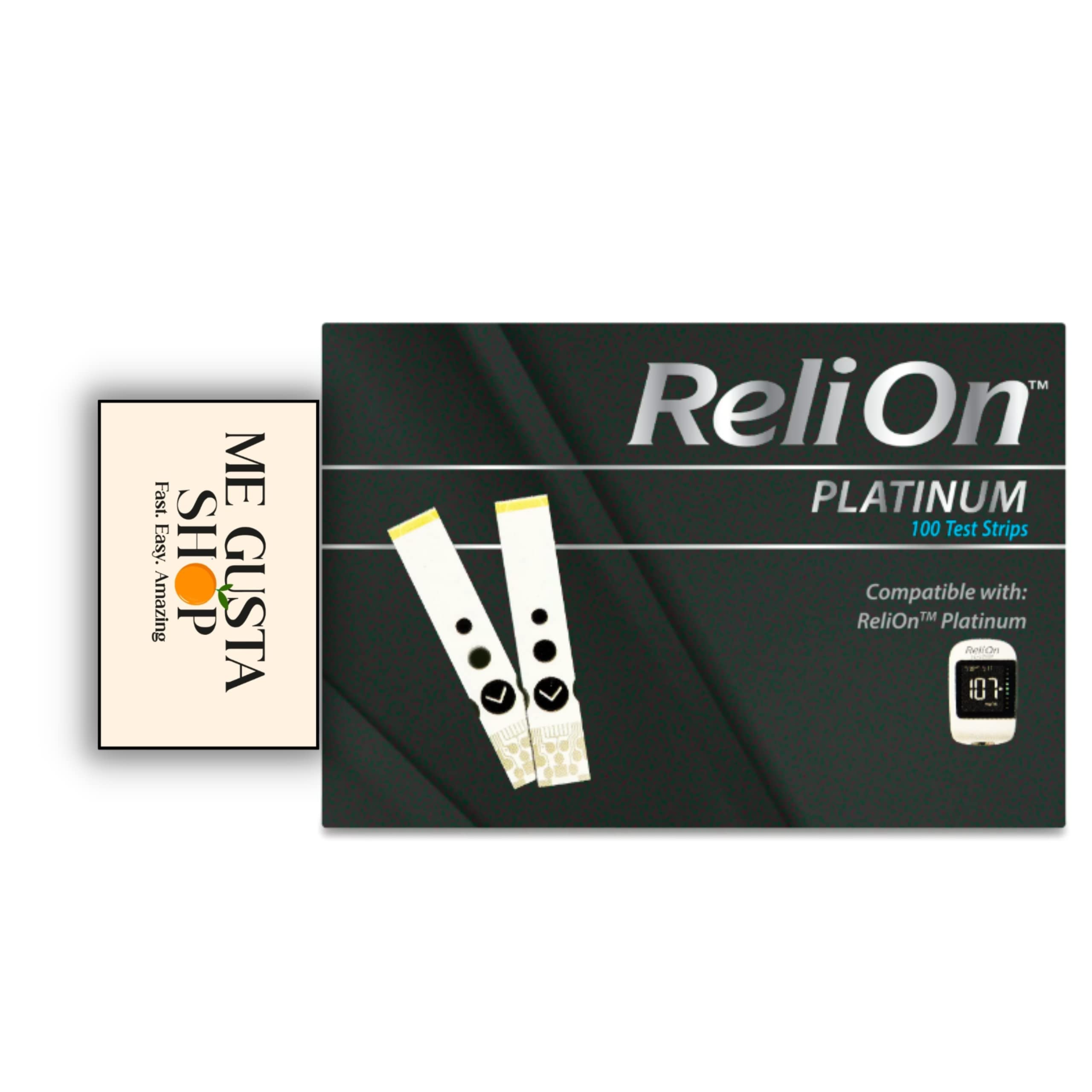 Box of 100 ReliOn Platinum test strips for convenient restocking.