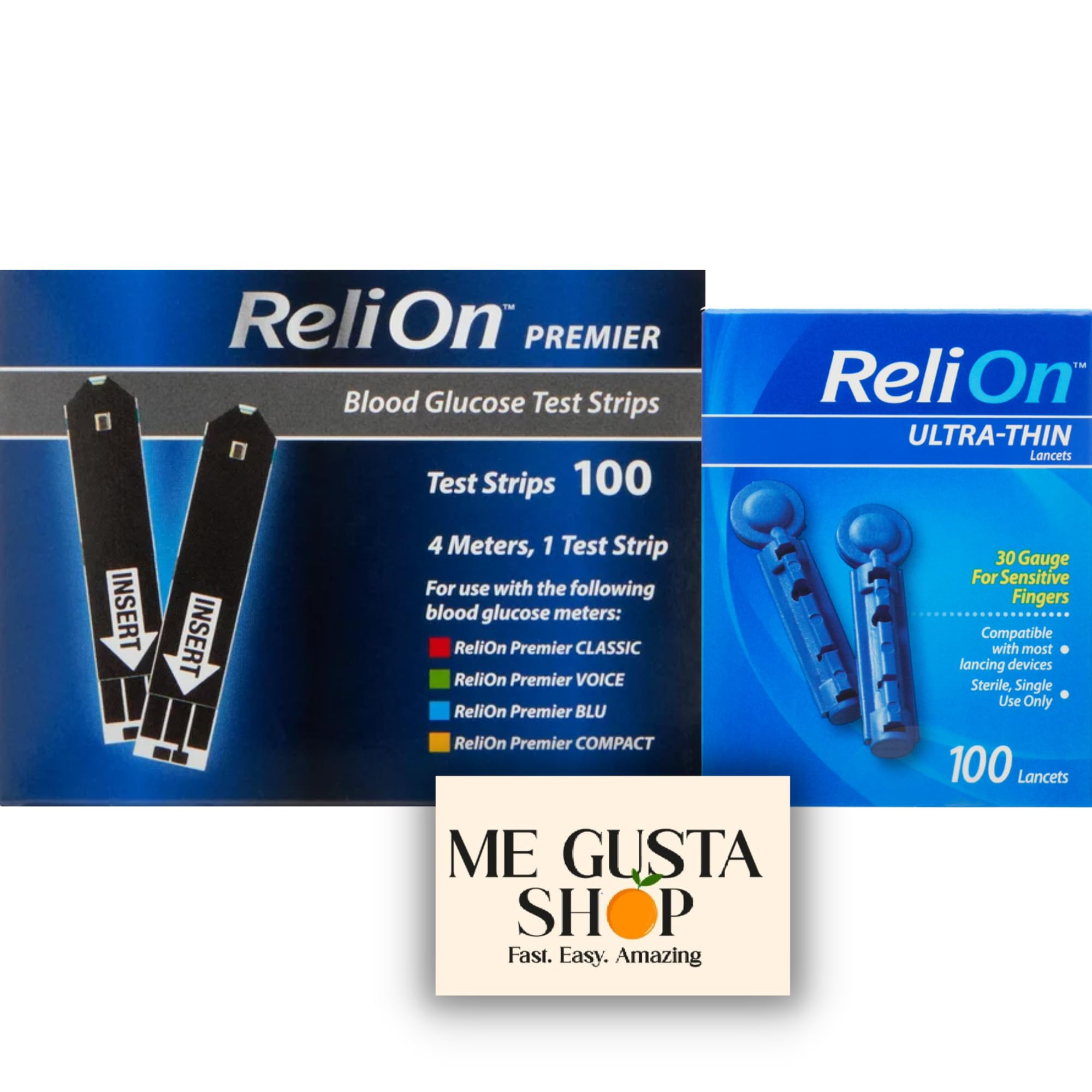 ReliOn Premier glucose test strips box displays 100 count for consistent testing supplies.