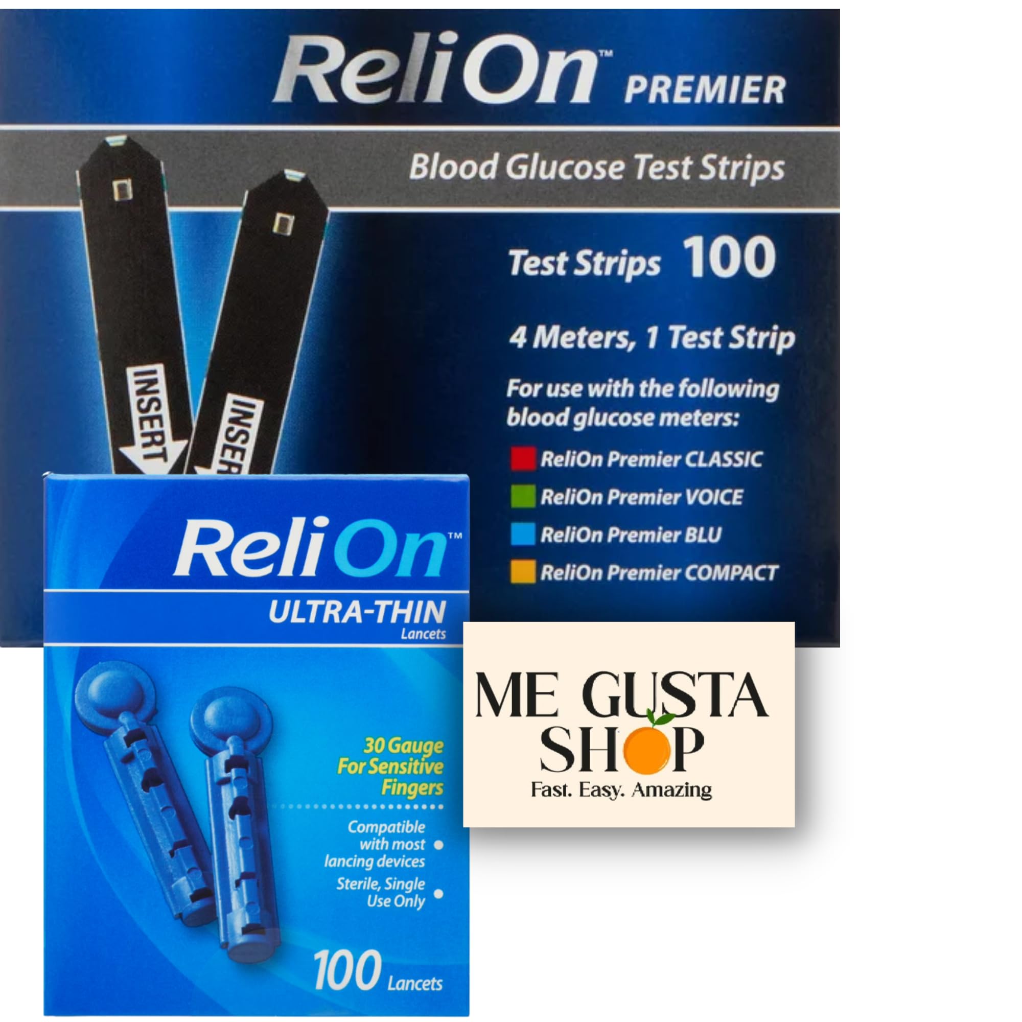 ReliOn Premier glucose test strips packaging ready for quick testing and easy handling.