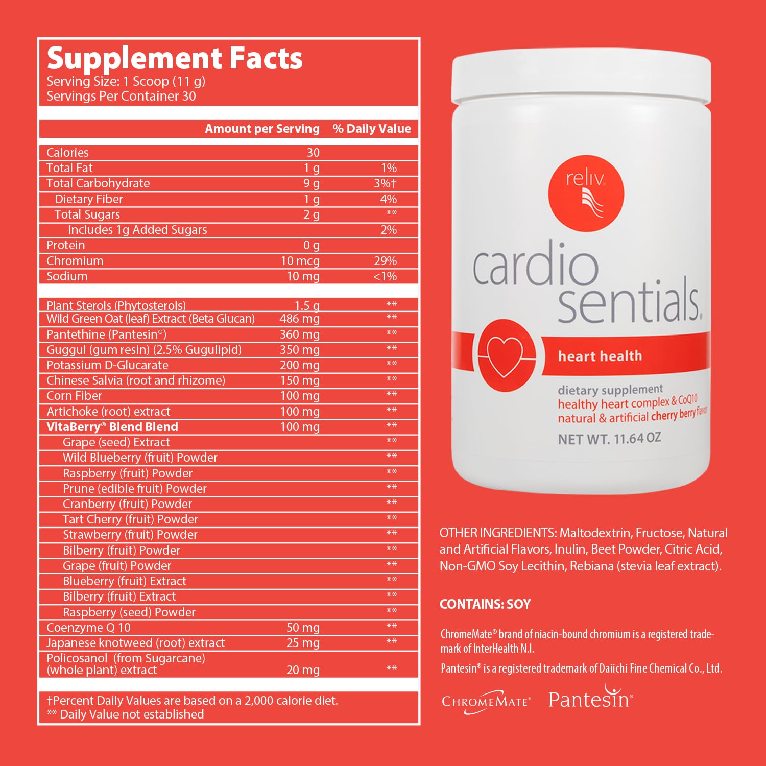 RELIV CardioSentials ingredient panel highlights plant phytosterols.