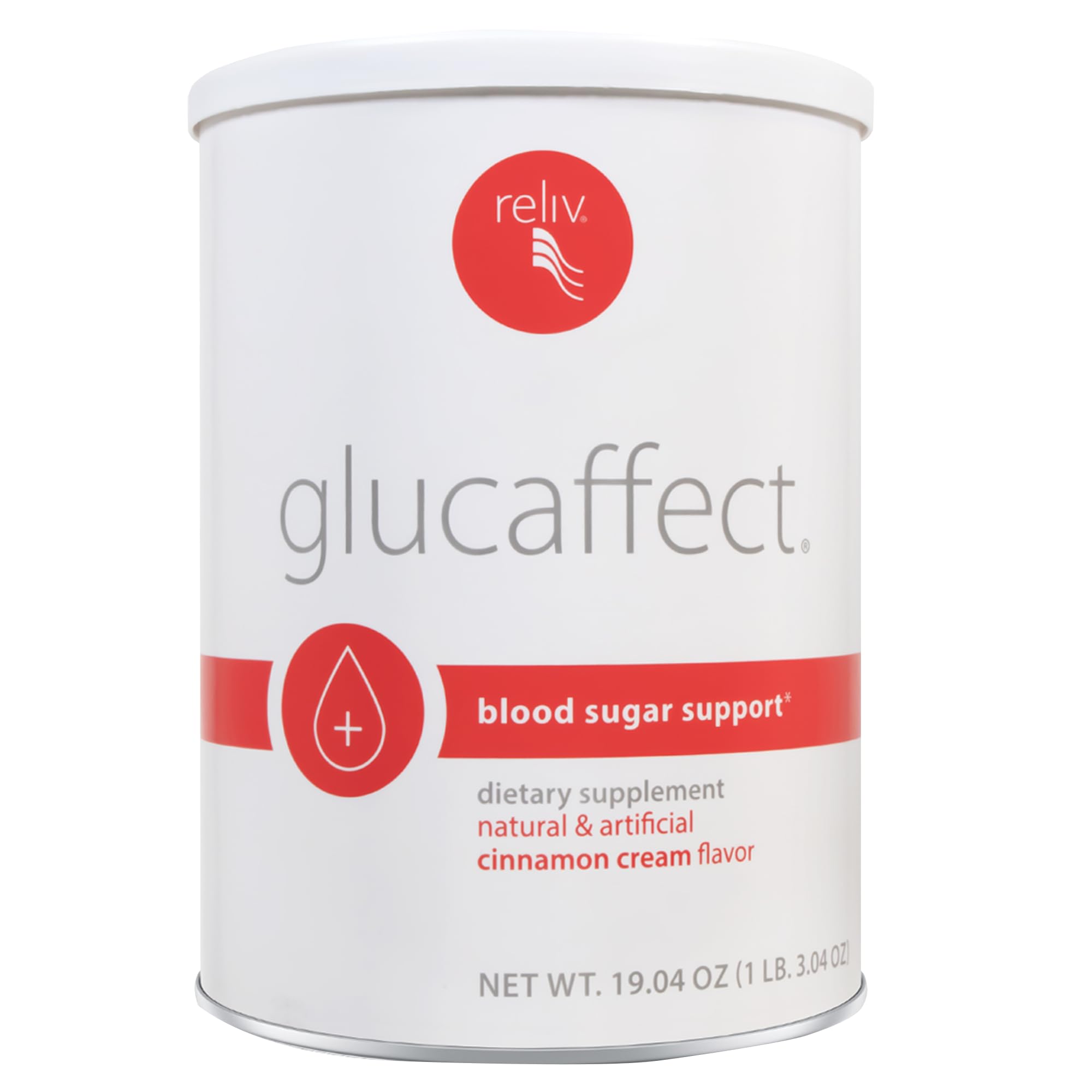 RELIV GlucAffect bottle front with Cinnamon Cream flavor for daily wellness.
