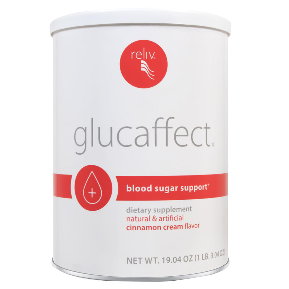 RELIV GlucAffect bottle front with Cinnamon Cream flavor for daily wellness.