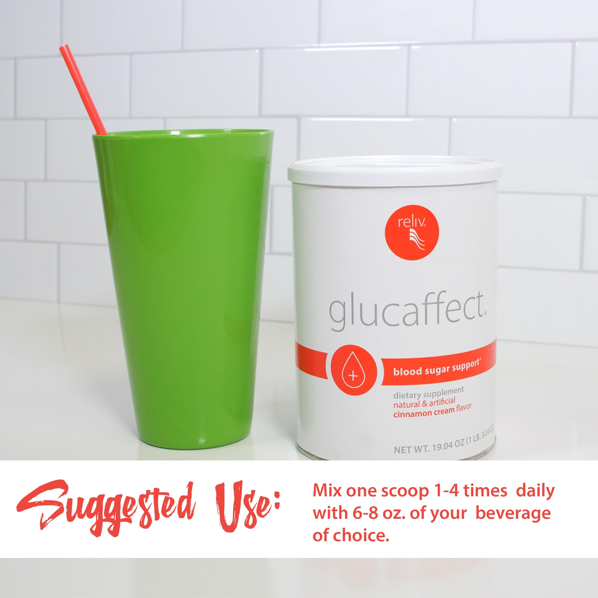 RELIV GlucAffect-serving-mix prepared serving in glass highlights convenience.